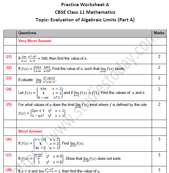 cbse-class-11-maths-evaluation-of-algebraic-limits-worksheet-set-a